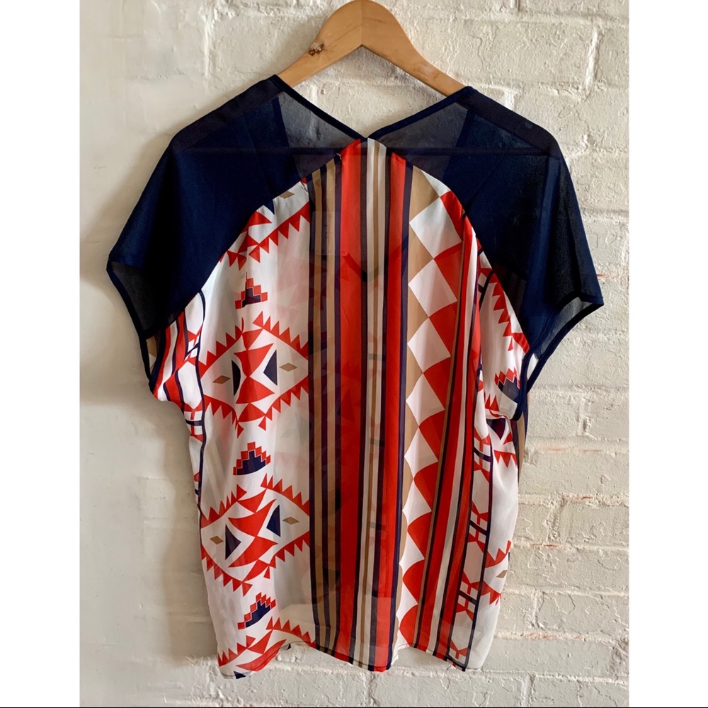 Umgee USA tribal geometric patterned semi sheer V neck top - Picture 3 of 6